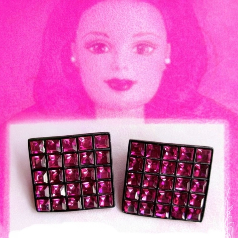 Vintage 1970s Barbie Pink or Electric Pink/ Square Clip-On Earrings - Picture 1 of 11